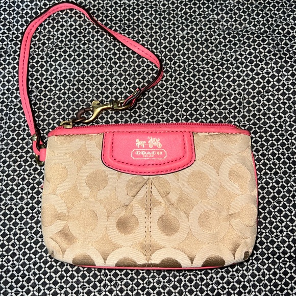 COACH Wristlet, Wallet, Beige Wristlet, Corner Zip, Canvas, Coral Accent, Clutch - Picture 1 of 4